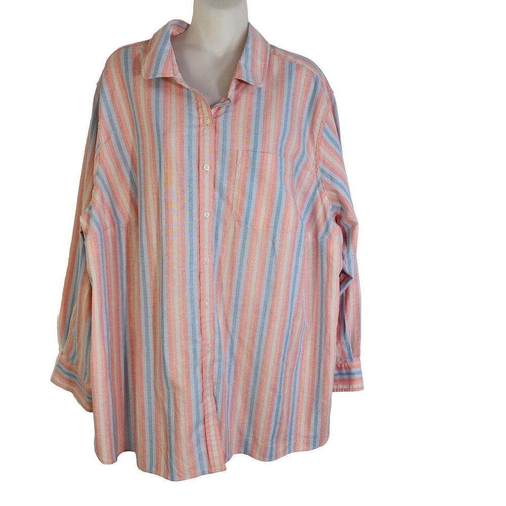 Lands End Women's Top Shirt 2X Multicolor Striped Button Up Long Sleeve Pocket